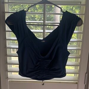 FP Movement sweetheart neckline, capped sleeves, Elegant Navy Ruched Women's Top